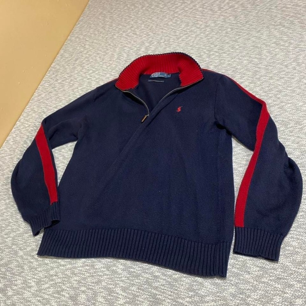 Ralph Lauren blue quarter zip sweater red striped on sleeves men Size L. SKU960